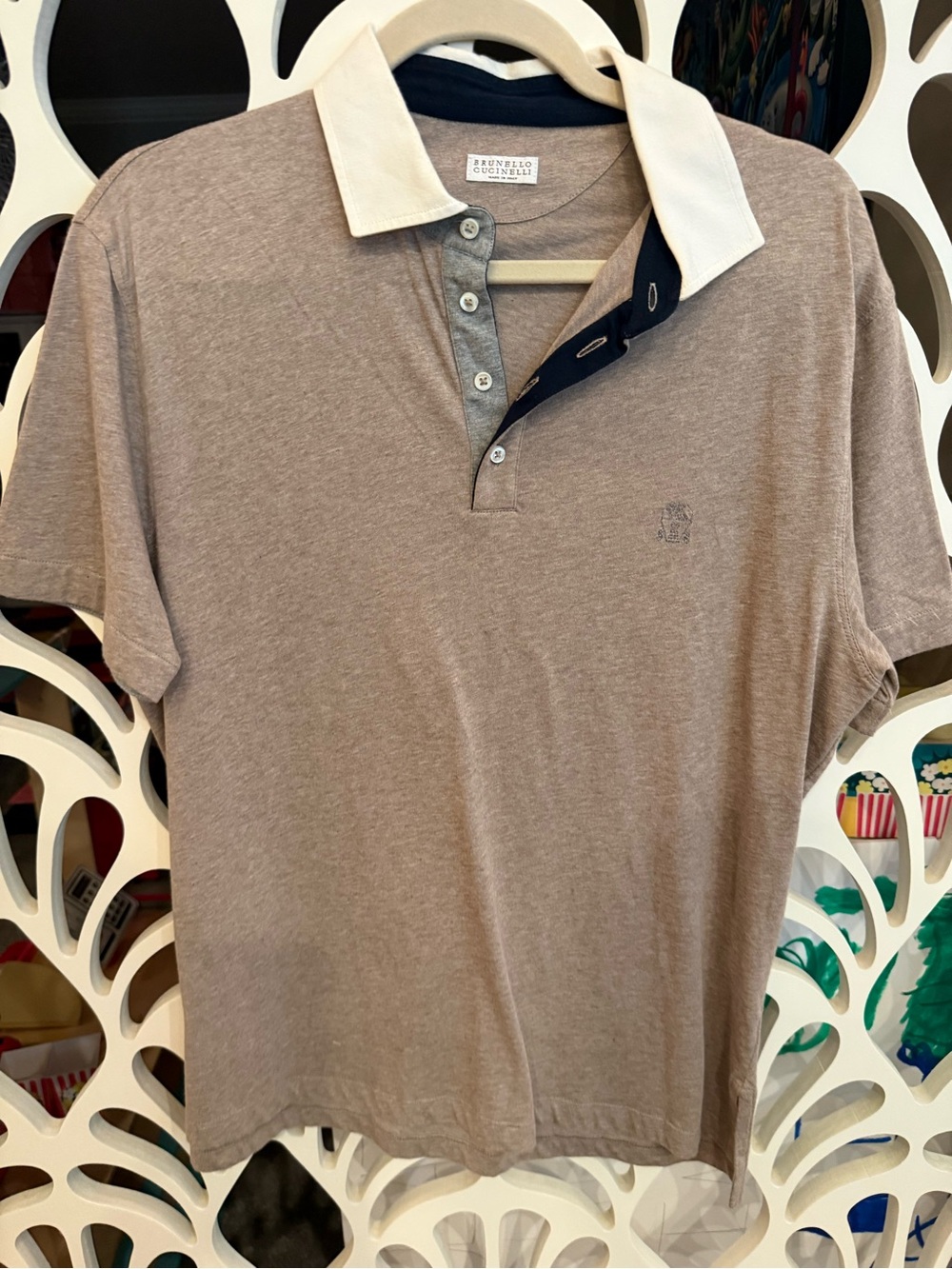 Brunello Cucinelli Taupe Polo with White Contrast Collar and Navy Placket